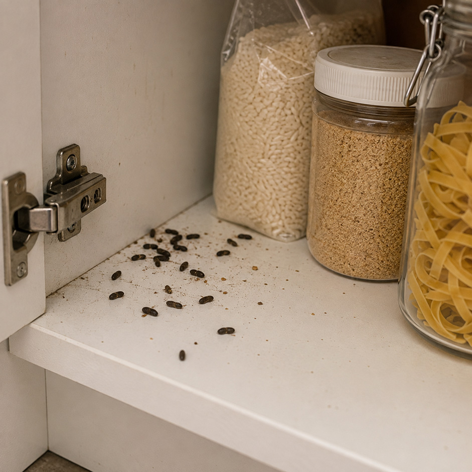 muizenkeutels in een keukenkastje